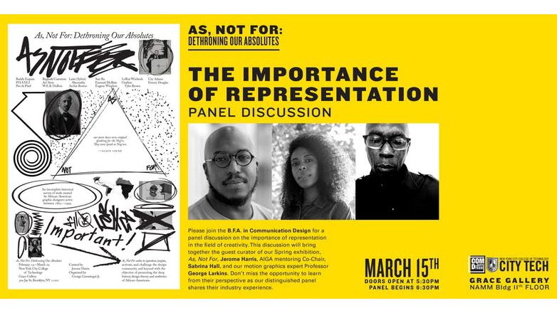 Artwork shown on left with images of panelist are shown, two black men and a black woman. The date and time noted.