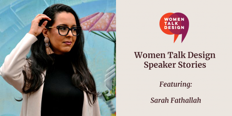 graphic with photo of Sarah next to title of the event "Women Talk Design Speaker Stories"