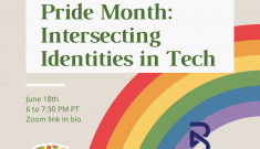flyer for remote event "Techqueria and Blend Prent Pride Month: Intersecting Identities in Tech". There is a rainbow in the background.