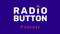 Purple background with words "Radio Button Podcast"