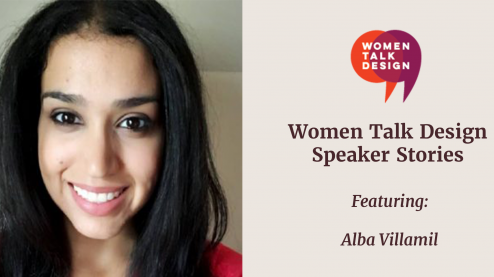 Alba Villamil headshot with graphic that says Women Talk Design speaker stories