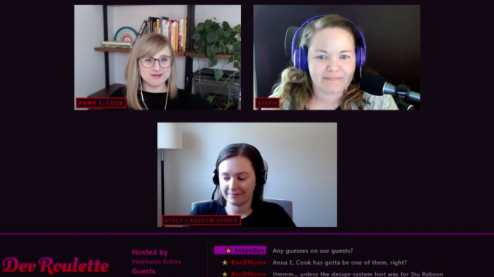 Stephanie Eckles, Stacy Carston Sporie and Anna E. Cook on a stream with a chat below and the Dev Roulette logo