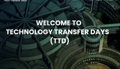 Technology Transfer Days website screenshot, white text on a dark background image of circular, interconnecting buildings