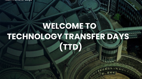 Technology Transfer Days website screenshot, white text on a dark background image of circular, interconnecting buildings