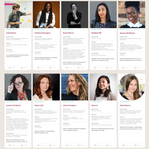 A screenshot of the Women Talk design Speaker Directory showing two rows of 5 speakers with their headshots, names, and disciplines listed on cards.
