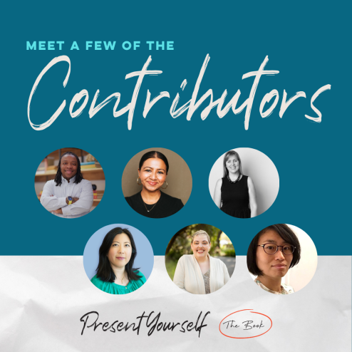 A title screen that says "Meet a few of the contributors" with 6 round headshots below and "Present Yourself: The Book" at the bottom.